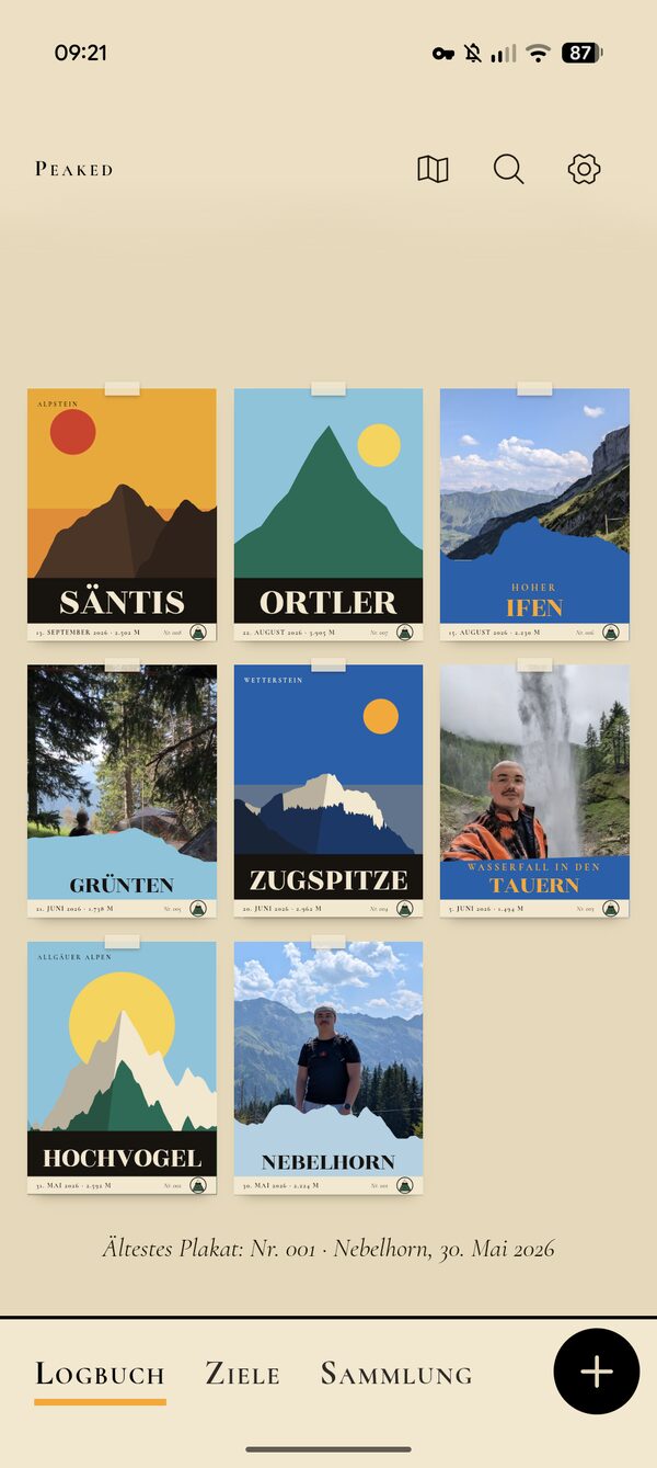 Peaked: alle Plakate der Saison an der Wand, vom Nebelhorn bis zum Säntis